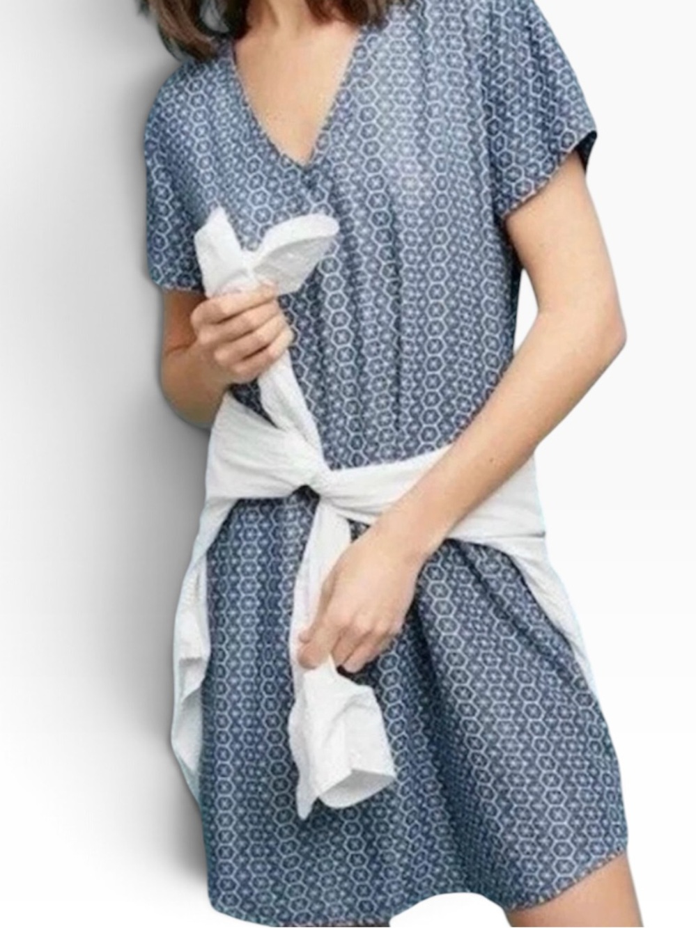 Anthro Cloth & Stone Justine Blue Printed Chambray Short Sleeve V-Neck Dress S